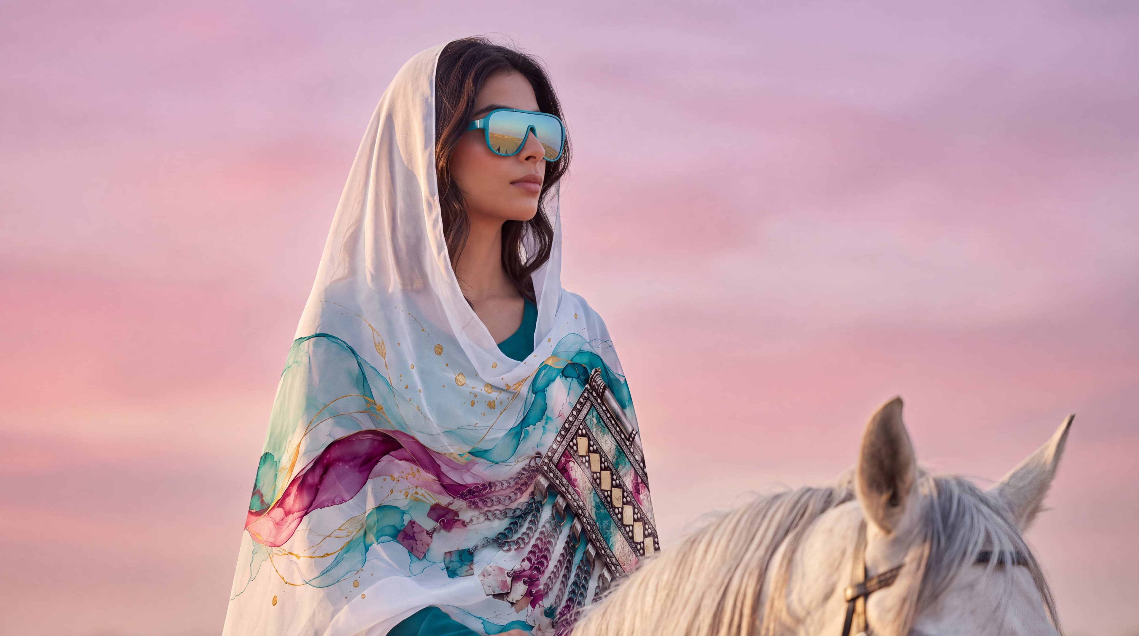 A woman on horseback in a printed FLO laiso, against a pink sunset
